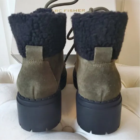 NIB MARC FISHER Leigan Olive Sherpa Suede Lace Up Lug Sole Hiker Bootie 7