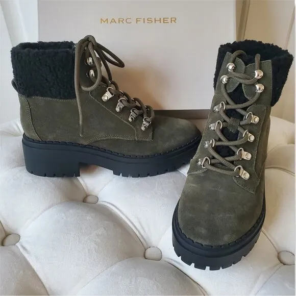 NIB MARC FISHER Leigan Olive Sherpa Suede Lace Up Lug Sole Hiker Bootie 7