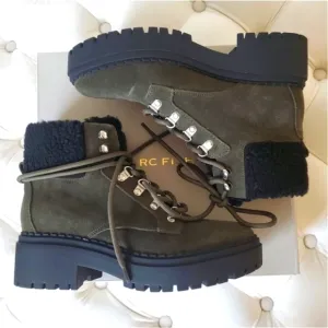 NIB MARC FISHER Leigan Olive Sherpa Suede Lace Up Lug Sole Hiker Bootie 7