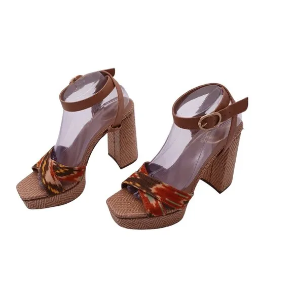 NIB Sam Edelman Nolita Raffia Platform Sandals Sz 9M Orange Multi Ankle Strap