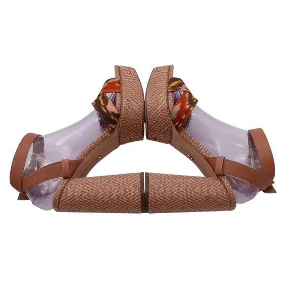 NIB Sam Edelman Nolita Raffia Platform Sandals Sz 9M Orange Multi Ankle Strap