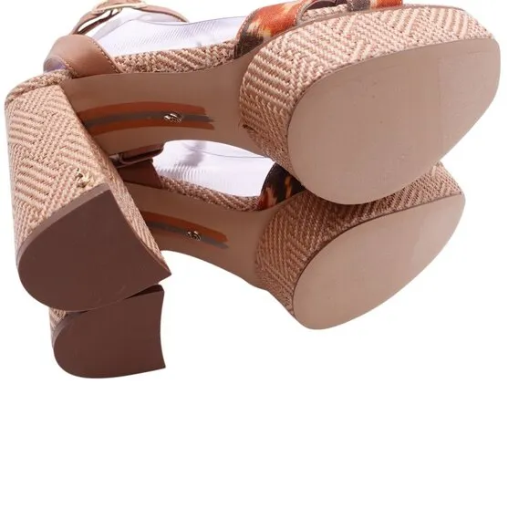 NIB Sam Edelman Nolita Raffia Platform Sandals Sz 9M Orange Multi Ankle Strap