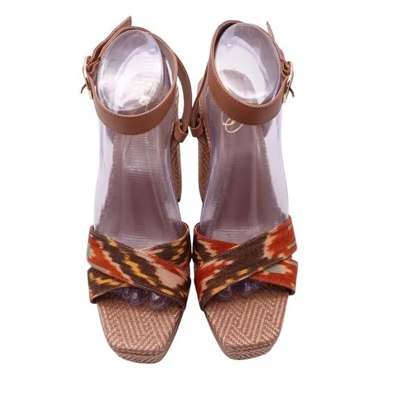 NIB Sam Edelman Nolita Raffia Platform Sandals Sz 9M Orange Multi Ankle Strap