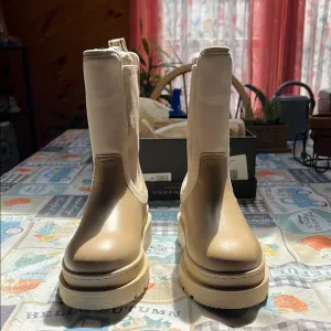 NIB Scotch &amp; Soda Aubri Cream Leather Heeled Boots with Platform Design Size 9