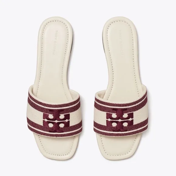 NIB TORY BURCH DOUBLE T JACQUARD SLIDE SANDALS