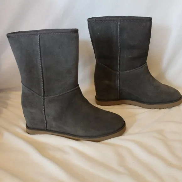 NIB UGG WOMEN'S CLASSIC SHORT SHEARLING LINED SUEDE FEMME WEDGE BOOTS GRAY‎