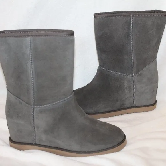 NIB UGG WOMEN'S CLASSIC SHORT SHEARLING LINED SUEDE FEMME WEDGE BOOTS GRAY‎