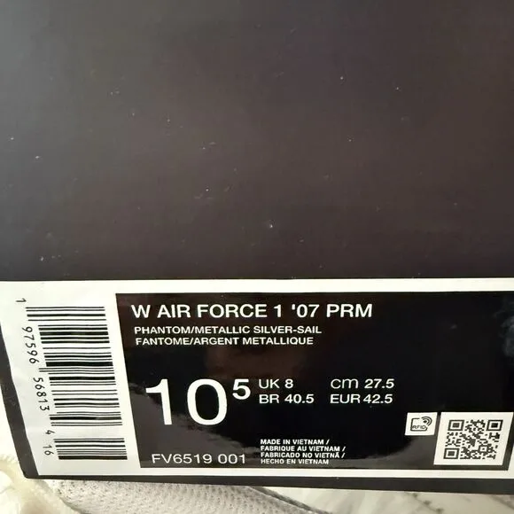 Nike Air Force 1 '07 PRM Women's Size 10.5 Grey/Silver Athletic Shoes FV6519 001