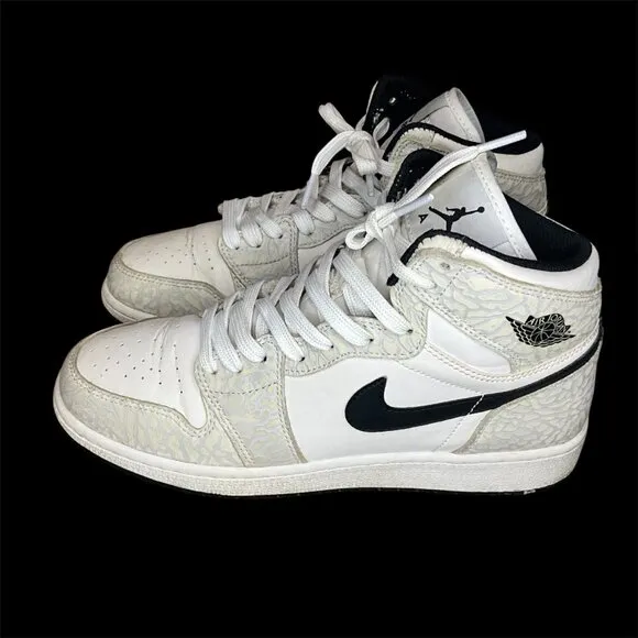 Nike Air Jordan 1 Mid White/Black Elephant Print Sneakers Size 7 Youth Mens Bask
