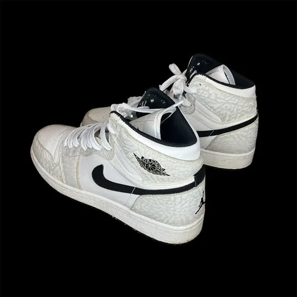 Nike Air Jordan 1 Mid White/Black Elephant Print Sneakers Size 7 Youth Mens Bask