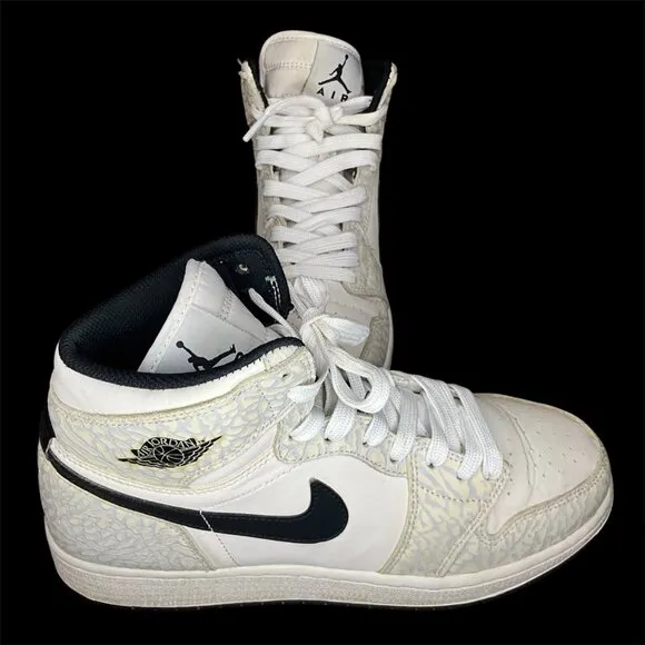Nike Air Jordan 1 Mid White/Black Elephant Print Sneakers Size 7 Youth Mens Bask