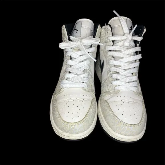 Nike Air Jordan 1 Mid White/Black Elephant Print Sneakers Size 7 Youth Mens Bask
