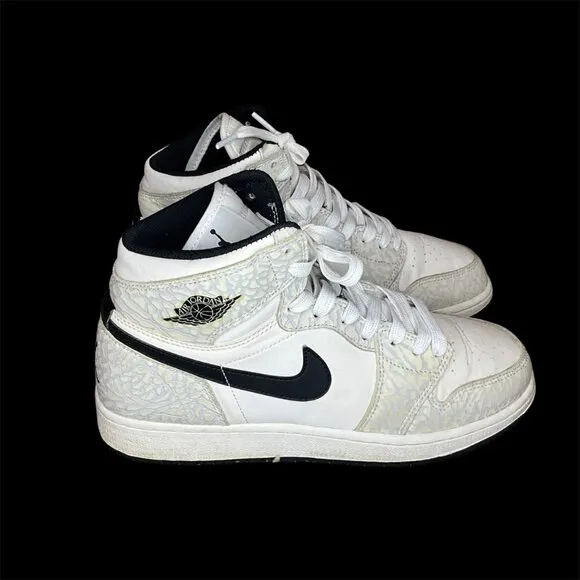 Nike Air Jordan 1 Mid White/Black Elephant Print Sneakers Size 7 Youth Mens Bask