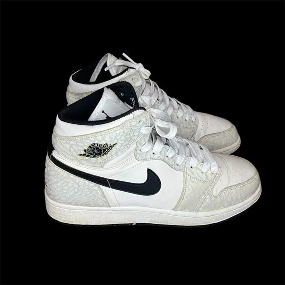 Nike Air Jordan 1 Mid White/Black Elephant Print Sneakers Size 7 Youth Mens Bask
