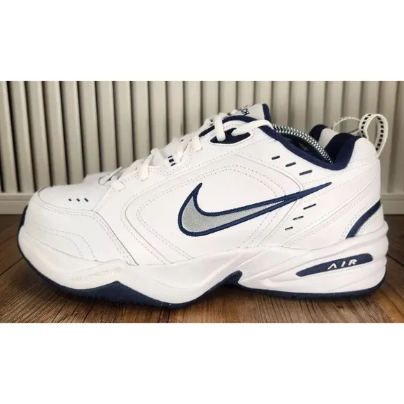 Nike Air Monarch White Navy Walking Dad Shoes Mens 9.5 4E WIDE New Fast Ship