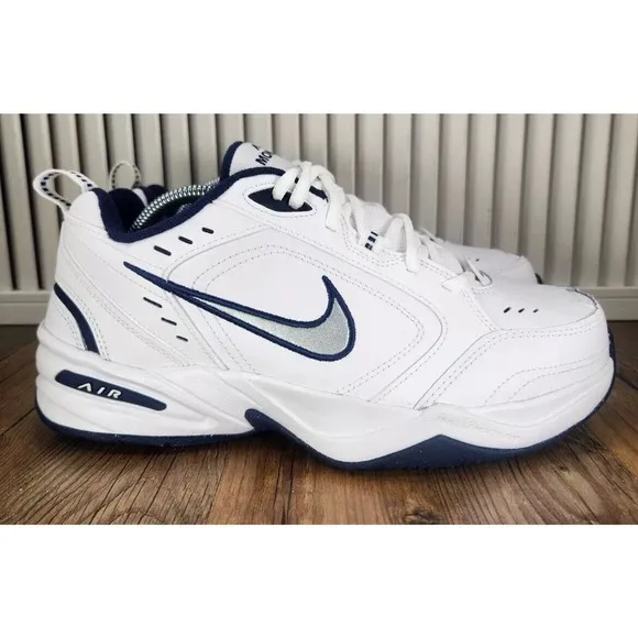 Nike Air Monarch White Navy Walking Dad Shoes Mens 9.5 4E WIDE New Fast Ship