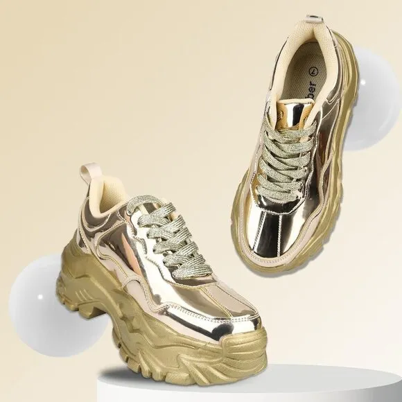 Niluber Walking Shoes Women Size (6-11) Gold Hologram Thermoplastic Polyurethane