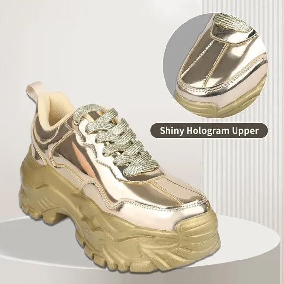 Niluber Walking Shoes Women Size (6-11) Gold Hologram Thermoplastic Polyurethane