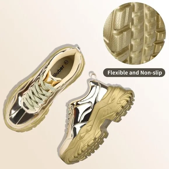 Niluber Walking Shoes Women Size (6-11) Gold Hologram Thermoplastic Polyurethane