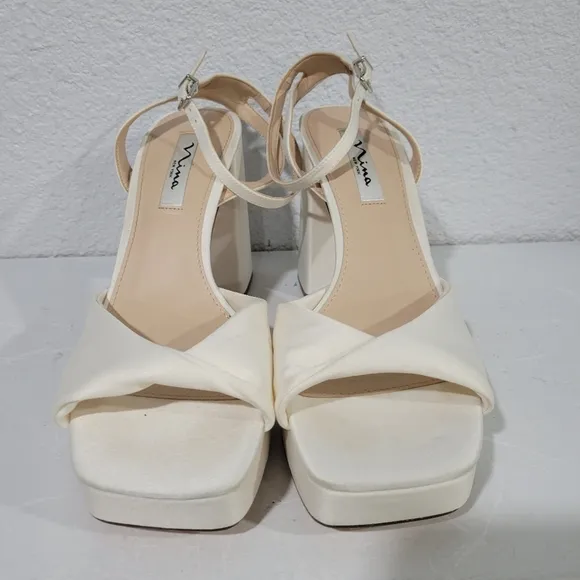 Nina  STACIE IVORY SATIN BLOCK HIGH-HEEL PLATFORM SANDAL Sz 10