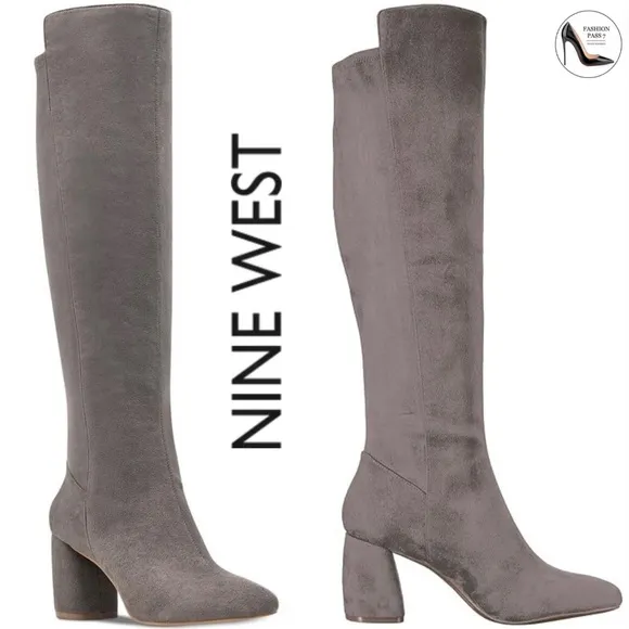 NINE WEST Kerianna Woman’s Tall Boots BLOCK HEEL GRAY Faux Suede High Boots 8.5