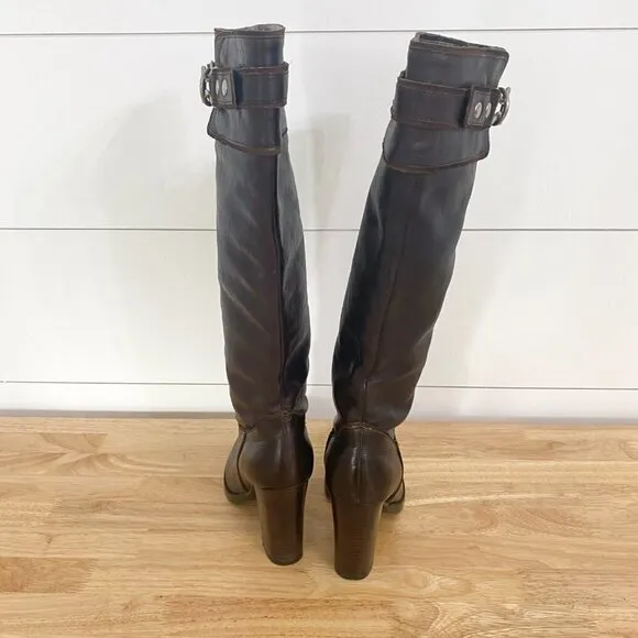Nine West Tall Brown Leather Pull on Heel Boots, Women’s Size 6