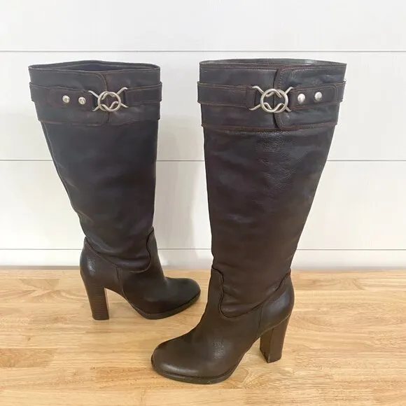 Nine West Tall Brown Leather Pull on Heel Boots, Women’s Size 6