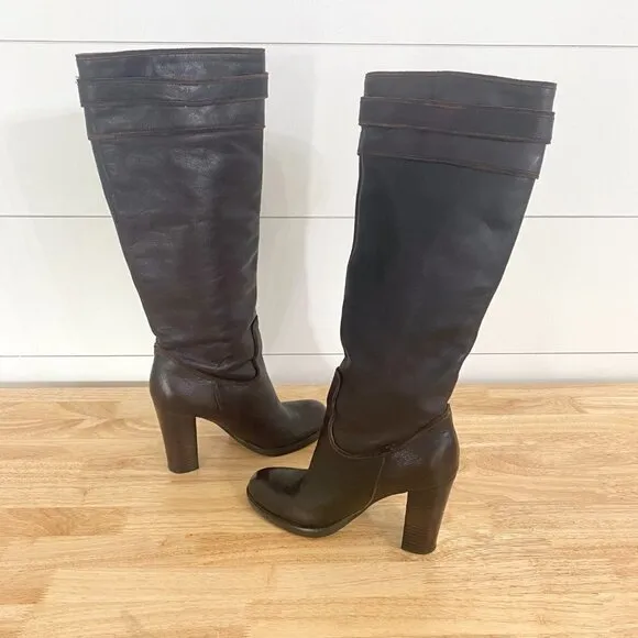 Nine West Tall Brown Leather Pull on Heel Boots, Women’s Size 6