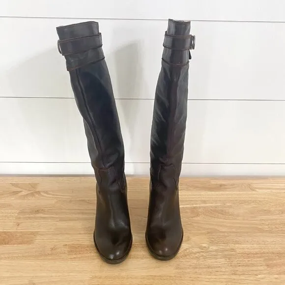 Nine West Tall Brown Leather Pull on Heel Boots, Women’s Size 6