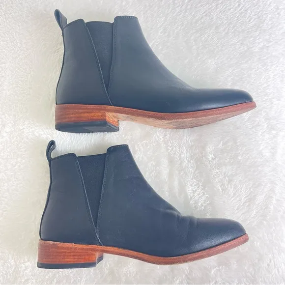 NISOLO Chelsea Booties | Black Leather Low Stack Heel Boots Shoes | Slip on 6.5