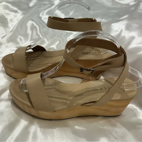 Nisolo Sarita Wooden Wedge Sandal Leather Wrap Ankle Strap Buckle Beige Size 9