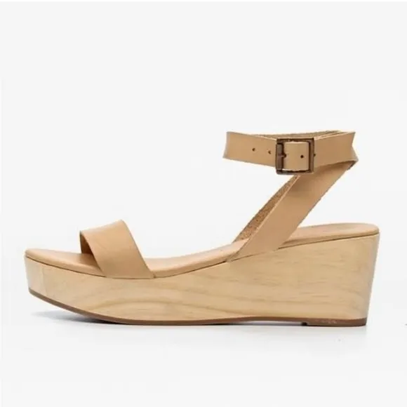Nisolo Sarita Wooden Wedge Sandal Leather Wrap Ankle Strap Buckle Beige Size 9