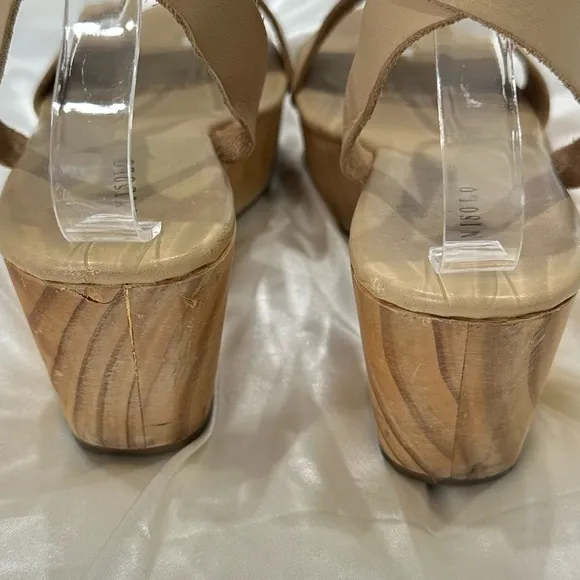 Nisolo Sarita Wooden Wedge Sandal Leather Wrap Ankle Strap Buckle Beige Size 9
