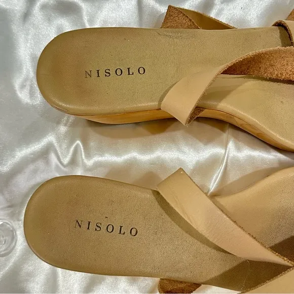 Nisolo Sarita Wooden Wedge Sandal Leather Wrap Ankle Strap Buckle Beige Size 9