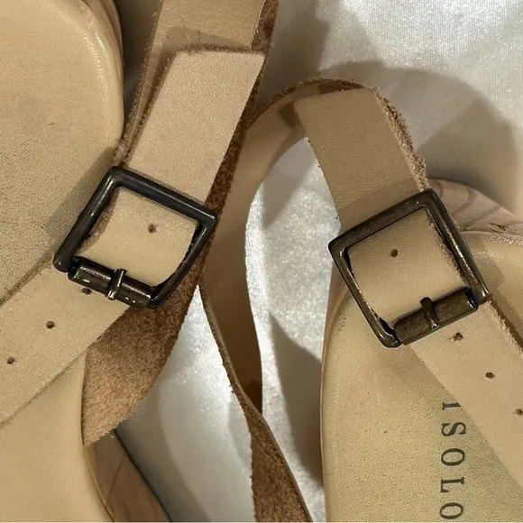 Nisolo Sarita Wooden Wedge Sandal Leather Wrap Ankle Strap Buckle Beige Size 9