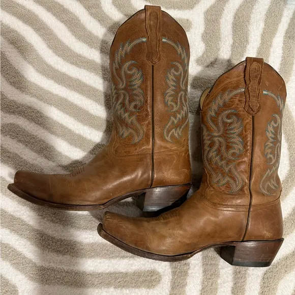 Nocona Brown and Blue Heeled Boots with Western Stitching style 5009 size 12