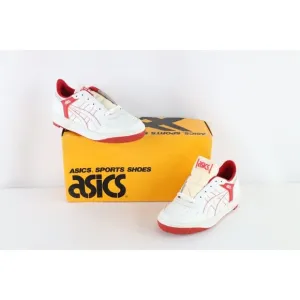 NOS Vintage 90s Asics Boys Size 5 Spell Out Outrage Sneakers Shoes White Red