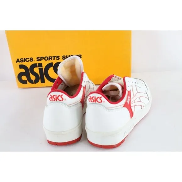 NOS Vintage 90s Asics Boys Size 5 Spell Out Outrage Sneakers Shoes White Red