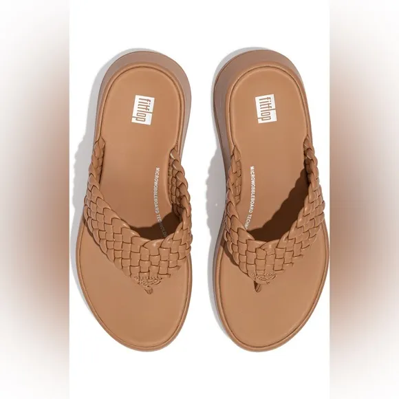 NWOB Fitflop Women F Mode Woven Leather Flatform Toe Post Sandals Latte Tan