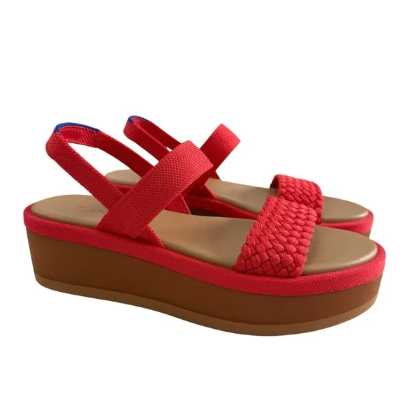 NWOB Rothy's Lightweight Platform Wedge Sandals Red Hot Woven Size 7.5