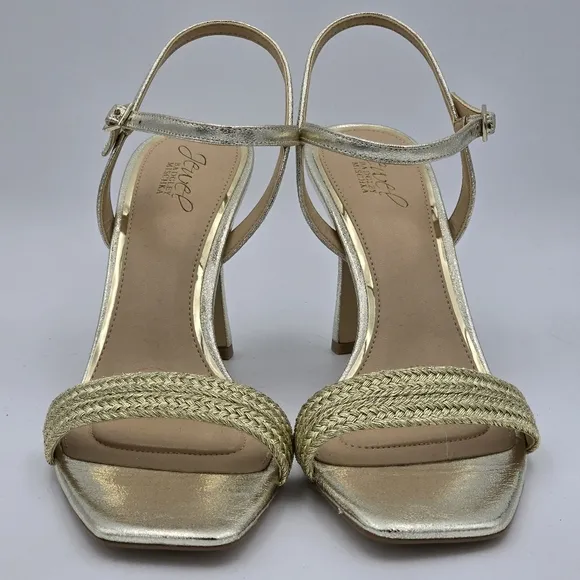 NWOT Jewel Badgley Mischka Heddia Woven Vamp Heeled Sandals, Gold, Women's 10