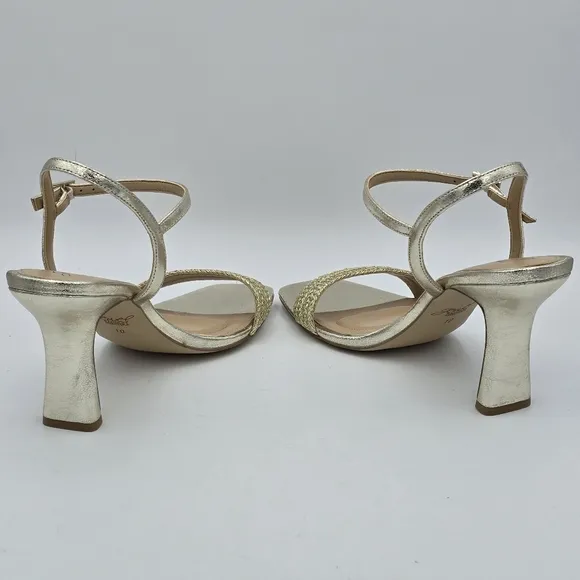 NWOT Jewel Badgley Mischka Heddia Woven Vamp Heeled Sandals, Gold, Women's 10