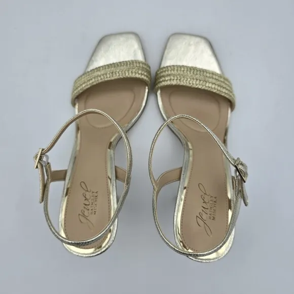 NWOT Jewel Badgley Mischka Heddia Woven Vamp Heeled Sandals, Gold, Women's 10