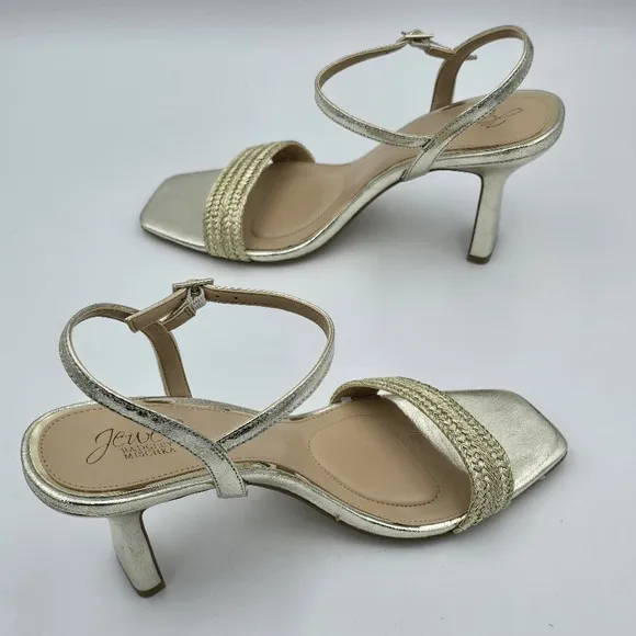 NWOT Jewel Badgley Mischka Heddia Woven Vamp Heeled Sandals, Gold, Women's 10