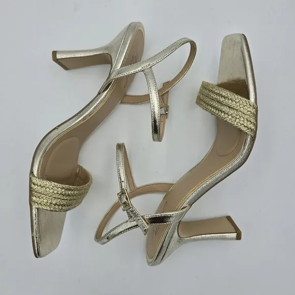 NWOT Jewel Badgley Mischka Heddia Woven Vamp Heeled Sandals, Gold, Women's 10