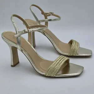 NWOT Jewel Badgley Mischka Heddia Woven Vamp Heeled Sandals, Gold, Women's 10