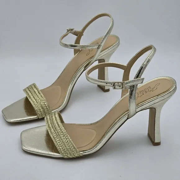 NWOT Jewel Badgley Mischka Heddia Woven Vamp Heeled Sandals, Gold, Women's 10
