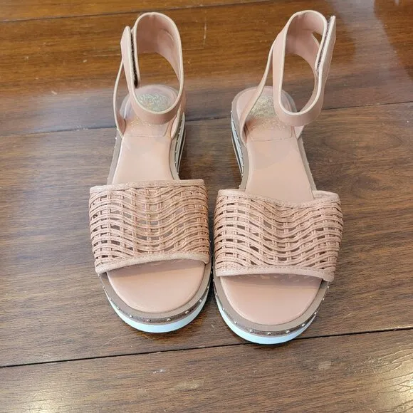 NWOT Vince Camuto  Leather Ankle Strap Minniah Wedge Heel Woven Sandals
