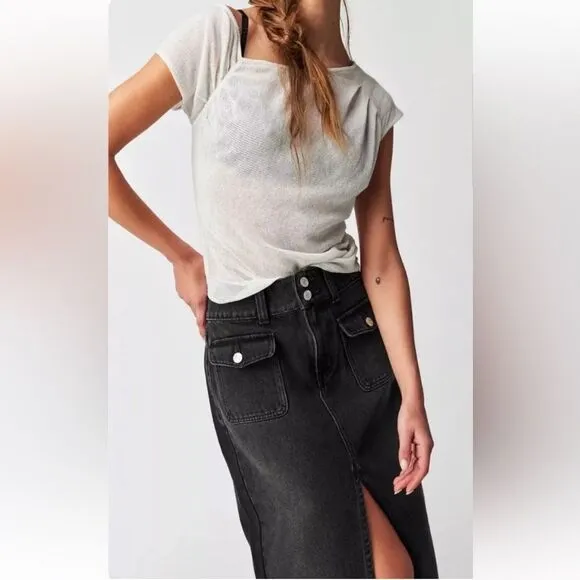 NWOT We The Free × Free People Madison Denim Midi Skirt In Black Size 25