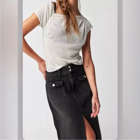 NWOT We The Free × Free People Madison Denim Midi Skirt In Black Size 25